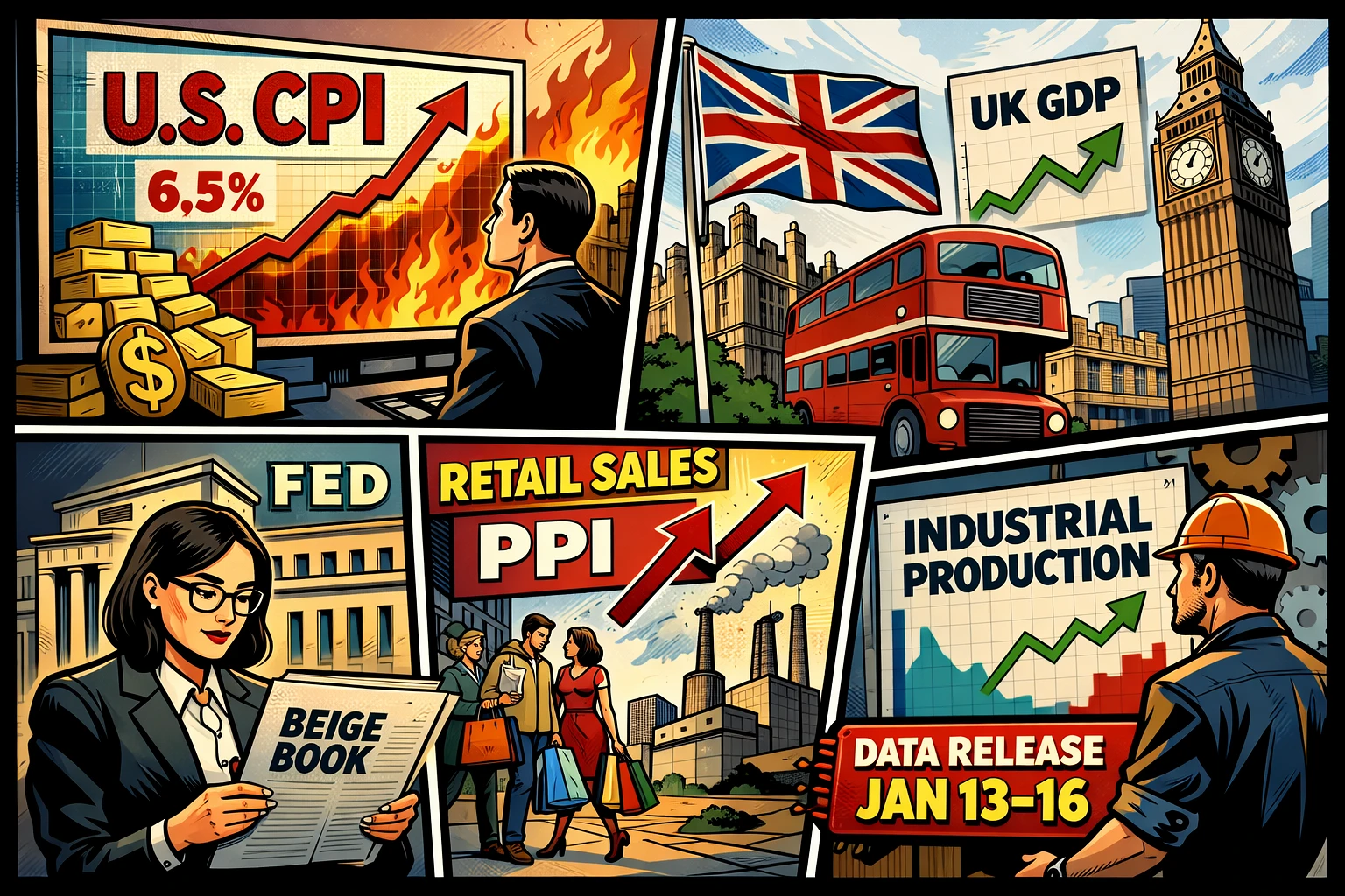 CPI สหรัฐฯ นำเกม ตามด้วย Retail Sales + PPI — พร้อม Beige Book และเช็กการเติบโต UK