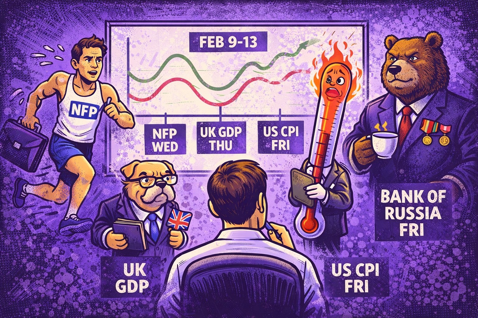 The USD “double-wave” — payrolls on Wednesday, CPI on Friday, plus UK GDP and Bank of Russia